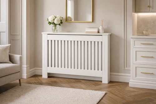 Home Treats White Wooden Radiator Cover | Heat Cover Safety Guard | Radiator Shelf Living Room Furniture (Medium)