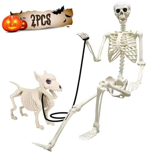90cm Halloween Bewegliches Skelett mit Hund, Ganzkörper Hunde Lebensgroßes Skelett Realistische Menschliche Skelette mit beweglichen Gelenken für Halloween Outdoor Party Dekoration