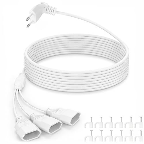 VINATO Rallonge Prise Plate 3 en 1, 2 mètres avec 12 Attaches-Câbles – Rallonge Électrique à Fiche Plate 90°, Blanche, 250V/2.5A par Prise, pour Maison, Bureau et Voyage
