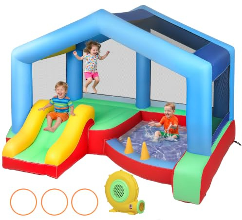 AIYAPLAY Château Gonflable 4 en 1 avec Souffleur pour 3 Enfants 3-8 Ans | Aire de Jeux Gonflable, Toboggan, Piscine à Balles, Jeu de Lancer d'Anneaux, Toit à Protection Solaire, Intérieure/Extérieure