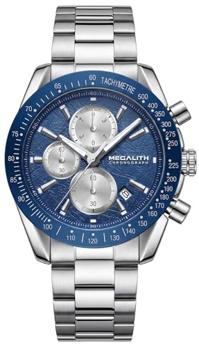MEGALITH Chronograph Uhren Herren Edelstahl: Analog Groß Zifferblatt Datum | Silber Business Armbanduhr mit Wasserdicht Leuchtzeiger für Alltag - Geschenk für Mann Vater Freund Weihnachten Geburtstag
