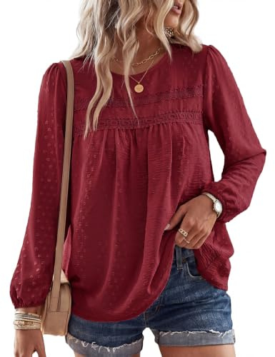 Fashora Chemisier Femme Manche Longue Blouse Col Rond Chic et Élégant | Tunique Femme Longue, Chemisier Dentelle, Tops Lâche Fluide, Chemisier Femme Chic, Chemise Automne Hiver, Blouse Boheme