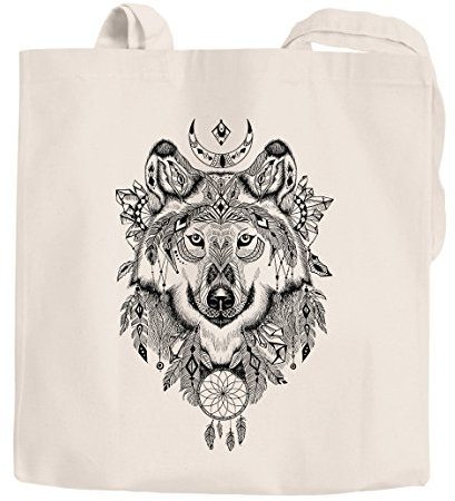 Jutebeutel Wolf Zentangle Boho Bohamian Baumwolltasche Stoffbeutel lange Henkel Baumwolle Autiga® natur 2 lange Henkel
