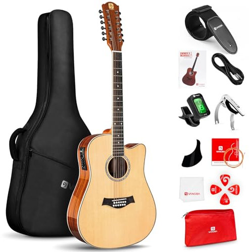 Vangoa - Guitarra eléctrica acústica de 12 cuerdas, 12 cuerdas, parte superior de abeto, cuerpo de sapele, tuerca de hueso, natural, brillante