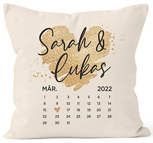SpecialMe® Kissen-Bezug Liebe Kalender personalisiert mit Namen Datum Herz Geschenk Männer Frauen Hochzeit Valentinstag Natur 40cm x 40cm