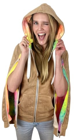 IV Hoody-Bambi in Regenbogen (Slim Fit), Rehbraunes Ultrasuede mit neonfarbenem Regenbogenfutter, L