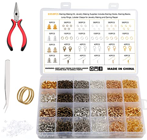 TsunNee 3353 piezas kit de fabricación de aretes, kit de fabricación de joyas con ganchos para aretes respaldos de aretes anillos de salto cierres de langosta para hacer joyas y reparación de aretes
