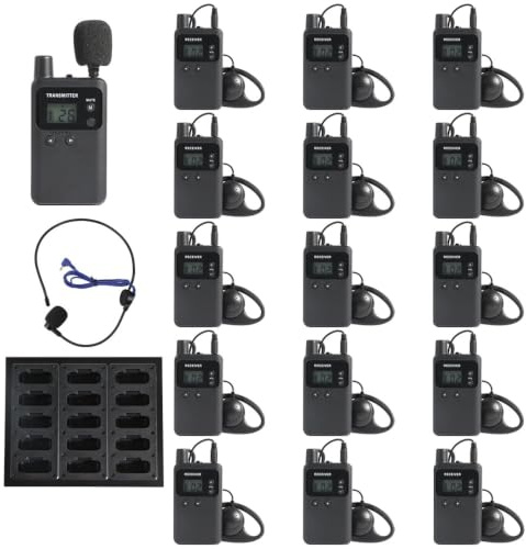 AGJ Kabelloses Tourguide-System, Mikrofon und Lautsprecher, Tourguide-Headsets, 1 Sender, 15 Empfänger, 1 Ladegerät, Übersetzungssystem für Werksschule