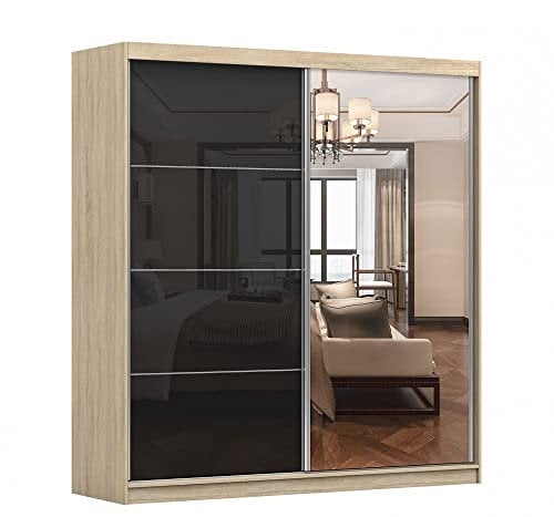 Kleiderschrank M31 mit Spiegel 203 cm, Schwebetürenschrank, Garderobeschrank Schlafzimmer; Wohnzimmerschrank; Korpus Schrank Farbe: Sonoma; Farbe der Schrankfront: Schwarz Hochglanz- 2 Schiebetüren