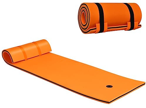 GYMAX Large Floating Water Pad, 3-Layer XPE Foam Floating Raft Mat with Rolling Pillow Design and Fixing Strap, Roll-Up Swimming Foam Mattress for Pool, River, Lake & Ocean (210 x 66 x 3.5cm, Orange)