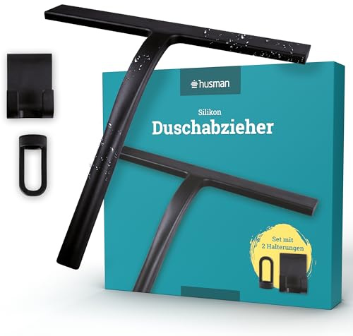 husman Silikon Duschabzieher schwarz | Abzieher Dusche Badezimmer Zubehör | Fensterabzieher Fensterwischer Set mit Halterung ohne Bohren für Duschwand | Fenster Scheibenabzieher Auto Bad Accessoires