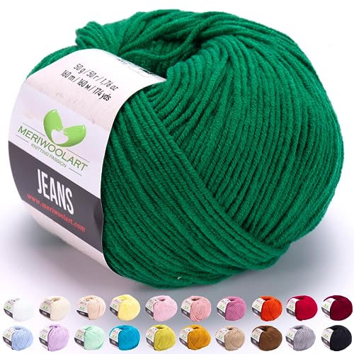 MeriWoolArt® Grün Baumwollgarn zum Stricken und Häkeln, Textilgarn, Stoffgarn, Baby Wollgarn für Handarbeiten, Babykleidung, Amigurumi, Babydecke, Pullover, Mützen und Accessoires