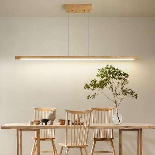 Mikeru 100cm Ash Wood Round Pendant Light, Dining Table Lights 3000K/4500K/6500K Wood Linear Pendant Light LED Dimmable 10% to 100% Modern Island Lighting for Office, Kitchen