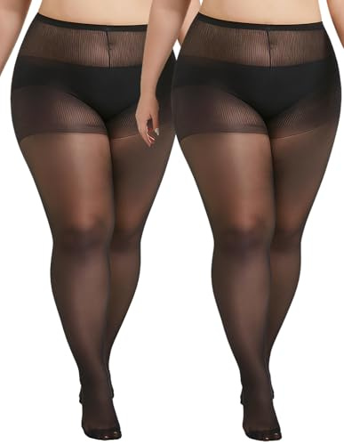 MERYLURE Plus Size Sheer Tights for Women,20D Control Top Pantyhose Reinforced Toes High Waist Stockings 2 Pairs 1XL-6XL
