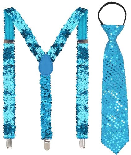 Generisch Pailletten Hosenträger für Herren:Y Rücken verstellbare Pailletten Hosenträger und Pailletten Krawatte für Mardi Gras Dekorationen ﻿ (Himmelblau)