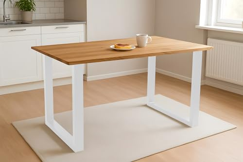 SAM Esstisch Salvador | 140 x 80 cm | Eiche massiv + geölt | Baumkante | U-Gestell Metall Weiß | pflegeleichter Esszimmertisch/Küchentisch/Eichenholz-Tisch/Holztisch aus Wildeiche