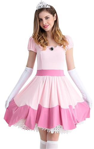 FStory&Winyee Robe de princesse pour adultes Femmes Robe couleur pêche Costume pêche avec gants Couronne pour déguisement Carnaval Cosplay Halloween Fêtes à thème Tenue, rose, M