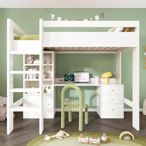 BTM High Sleeper Bed with USB-C Desk, Wardrobe & Filing Cabinet, 3ft-90x190cm Children's Loft Bed with Stairs & Storage Space, All-in-One Single Bed Frame with Slatted Frame, No Mattress