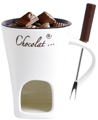 GREATRICH Schokofondue Tasse Keramik, 130ml Schoko Fondue Schokoladenschmelztopf für Käse und Schokolade mit Gabeln, Persönliches Schoko Fondueset Chocolate Fondue Cup für Zuhause und Reisen (Weiß)