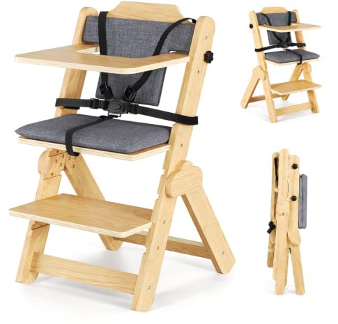 Mechprip Kinderhochstuhl Set Mitwachsendes, 2 in1 Hochstuhl Baby Aus Buchenmassivholz, Treppenhochstuhl mit Rückenkissen, Sitzkissen und Verstellbarem 5-Punkt-Gurt, High Chair Baby ab 6 Monaten