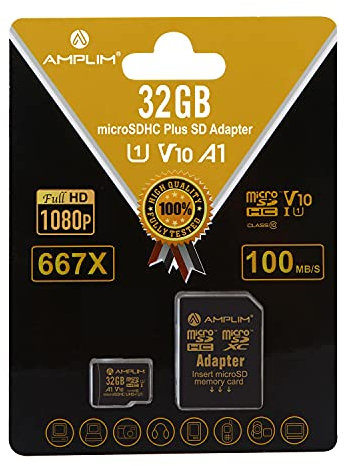 Amplim 32GB Micro SD Card, MicroSD Memory Plus Adapter, MicroSDHC U1 Class 10 V10 UHS-I TF Extreme High Speed Switch, Surface, Raspberry Pi, Phone Galaxy, Camera Cam, Tablet, PC