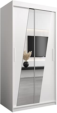 MEBLE KRYSPOL Rhomb100 Schlafzimmerschrank mit Zwei Schiebetüren, Spiegel, Kleiderstange und Regalen – 100x200x62cm - Mattweiß