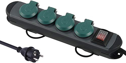 Electraline 62185 Professionelle Steckdosenleiste für den Außenbereich, 4 Schukosteckdosen mit IP44-Stecker, 1,8 m Gummikabel H07RN-F 3G1.5, Schwarz/Grün