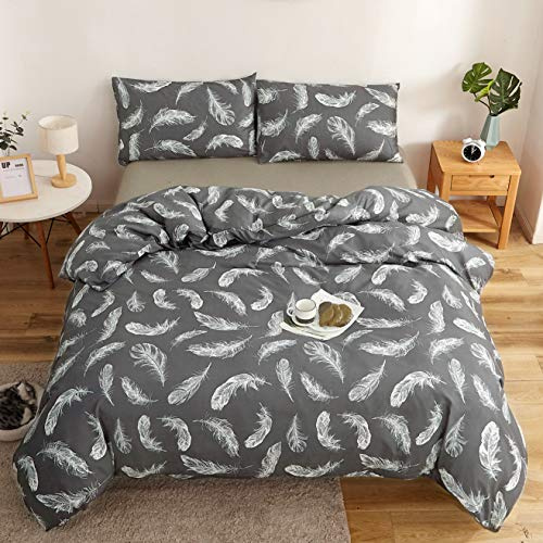 Adam Home Printed Duvet Cover Set (Feather Charcoal Super King)- Ultra Soft Printed Quilt Cover Set- 1 Duvet Cover & 2 Pillow Case-Luxurious Brushed Microfiber Comforter Cover Set-Bedding Set