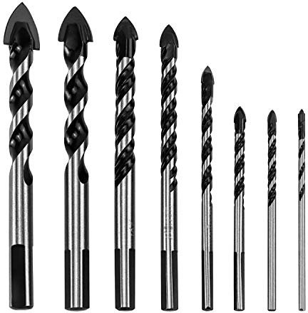 QWORK, set di 8 punte da trapano multimateriale per mattonelle, cemento, mattoni, vetro, plastica e legno, da 3, 4, 5, 6, 8, 10, 14, 16 mm; punta in carburo di tungsteno