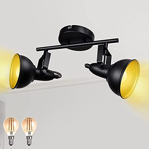 Unikcst LED Spot Lights Ceiling Rotatable Retro 2 Way Spotlight Industrial Wall Lights Black 240V for Kitchen Bedroom, Incl. 2X 4W E14 Warm White Bulbs 2700K