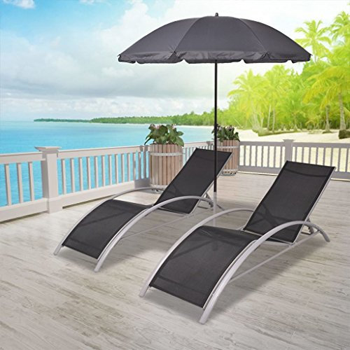 Gecheer Sonnenliegen mit Schirm Liegestühle Strandstuhl Outdoor Gartenliege Liege Liegestuhl Freizeitliege Relaxliege Strandliege Gartenmöbel, Aluminium Schwarz