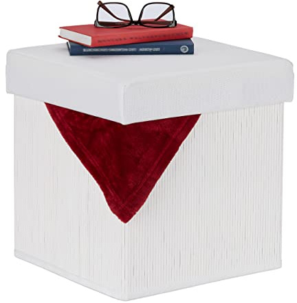 Relaxdays Stool with Storage, Padded, Folding, Bamboo & Fabric, HxWxD: 35 x 35 x 35 cm, Sofa Footstool, White