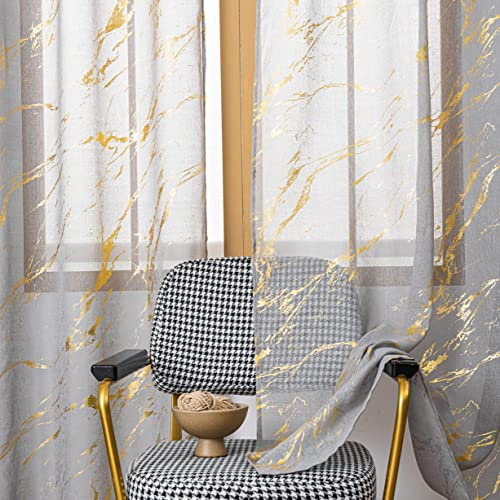 Sutuo Home Durchsichtige Marmor-Vorhänge, 244 cm lang, 2 Paneele, Goldfolien-Druck, metallische Bronze, Sichtschutz, Fensterbehandlung, Abstrakter Vorhang, Paar für Schlafzimmer, Küche, Wohnzimmer,
