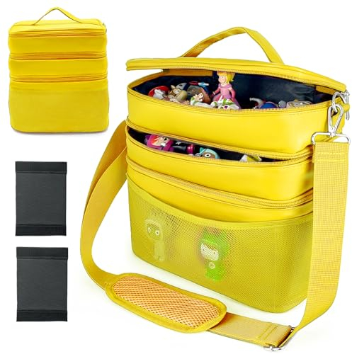 3-lagiger Spielzeug Tasche Transport viel Platz für Figuren Hörfiguren Tonie Folie Ladegerät Kopfhörer Ladegerät Tigercard Bag für Tigerbox Tonie Toniebox Starterset (Gelb, Leder)