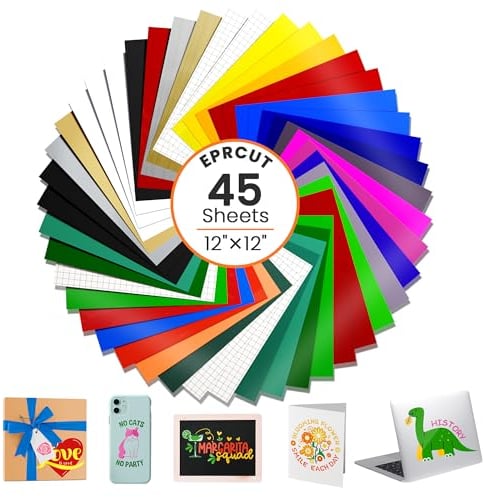 EPRCUT Vinylfolie Plotter 45 Stück 30,5 x 30,5 cm für Cricut, 36 Farben Matt Glänzend Plotterfolie Vinyl und 5 Transferfolie, Outdoor Wasserdichtes Selbstklebend Folie für DIY, Vatertag, Geburtstage