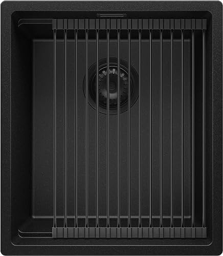 PRIMAGRAN Spülbecken Alles Schwarz 41x47cm, Granitspüle 1 Becken + Ablauf-Set + Aufrollbare Abtropffläche, Küchenspüle ab 45er Unterschrank - Praga Slim S099