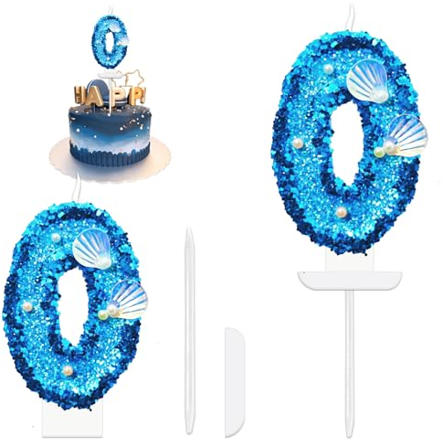Geburtstag Nummer Kerzen, Glitzer Zahlenkerze Blau Geburtstagskerzen Zahlen, Geburtstagskuchen Kerzen mit Pailletten und Muschel für torte Geburtstag Jubiläum Meerjungfrauen-Mottoparty (Nummer 0)