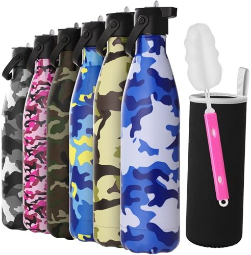 GeeRic 1L Camouflage Stainless Steel Thermal Insulated Water Bottle, Keeps Warm 12H, Cold 24H, Straw Cap, 1000ML, Sports, Adults