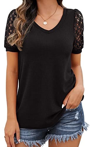 IWOLLENCE Short Sleeve Tops for Women UK Going Out Womens Blouses V-Neck Ladies Dressy Lace Sleeve T Shirts (Black, Medium)