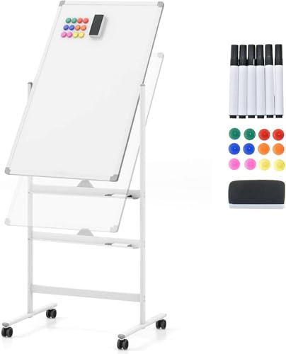 GIANTEX Tableau Blanc Mobile Double Face, 60 x 90 cm, Tableau Magnétique sur Pieds Réglable en 2 Hauteur, Effaçable à Sec, Marqueurs Noirs, Effaceur, Aimants (Blanc, 60 x 90 cm)