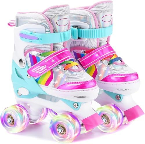 ERNAN Rollschuhe Mädchen Verstellbar.komfortabl LED Rollerskates für Jugendliche und Anfänger.4 Größen verstellbar,Rollschuhe für Mädchen,Jungen und Anfänger (Rainbow A, M)