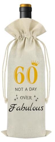 60th Birthday Gift: Cotton Linen Wine Bag, Decorative Bottle Bag for Parties, Drawstring Jute Bags for Women, Perfect Gifts for Wife, Mom, Best Friends