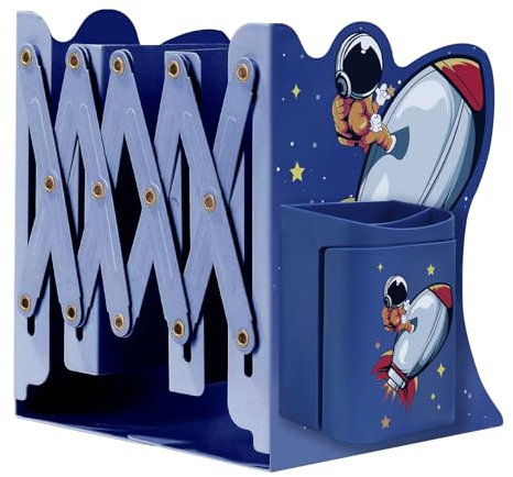 Lvjkes Fermalibri Metallo Regolabili, Porta Libri Cartoni Animati per Bambini Con Portapenne Elastico, Adatto per Camera da Letto, Studio, Ufficio, Scuola (Blu)