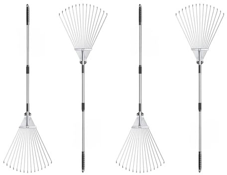 Laubrechen Mit Stiel 4 Stück Rechen für Rasen, robuste 9/15 Metallzinken, Müllrechen mit verstellbarem Griff/Kunststoffkopf, tragbare Laubharken-Werkzeuge für Rasenpflege/schmale Bereiche/Gartenarbeit