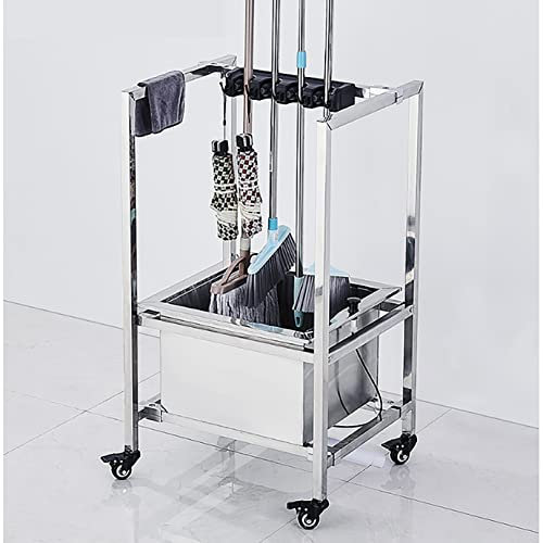 WQZzjm Drain Rack Broom Mop Holder Put Movable Hand Trucks Floor-Mounted Mop Stainless Steel Floor Mount Mop Sink,Workshop Space Long Tools Put Wet Mops Movable Floor Holder (4slots)