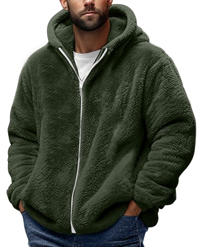 Yolimok Teddy Fleece Jacket Mens, Full Zip Up Hoodies Long Sleeve Sherpa Fleece Winter Coats Fluffy Warm Jackets Thick Plush Oversized Hoodie Thermal Hooded Coat Cozy Cardigan Plus Size