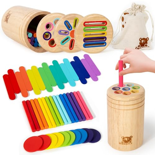 oazoxcx Montessori Sortierspiel Holzspielzeug 3in1 – Lernspielzeug ab 1 Jahr zur Farberkennung & Feinmotorik – Nachhaltiges Motorikspielzeug für Kleinkinder Jungen Mädchen Geschenkidee