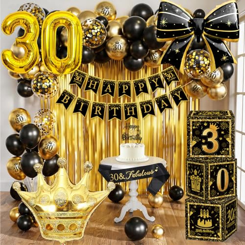 30. Geburtstag Deko Mann Frauen, Schwarz und Gold Deko 30. Geburtstag für Mann und Frauen mit Banner, Luftballon, Schärpe/Fransenvorhang, Geburtstagsdeko 30 Jahr Partydeko