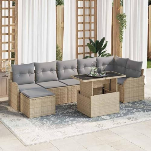 Hoopleep Garten-Sofa-Set mit Kissen, 8-teilig, Beige Poly Rattan, Modulares Design für Terrasse, Außenbereich, Langlebige Sitzgruppe