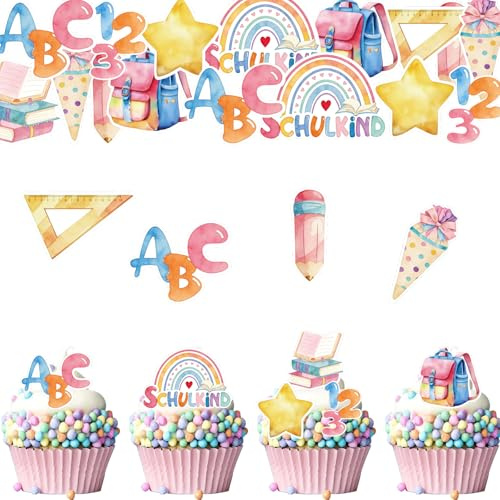ENLACE 54 Stück Essbare Tortendeko Einschulung Mädchen Junge,Cupcake Deko | Kuchen Deko Einschulung Essbar,Bunt Schulkind Tortendeko Essbar,Esspapier Kuchendeko Schulanfang Schultüte 123 ABC Regenbogen